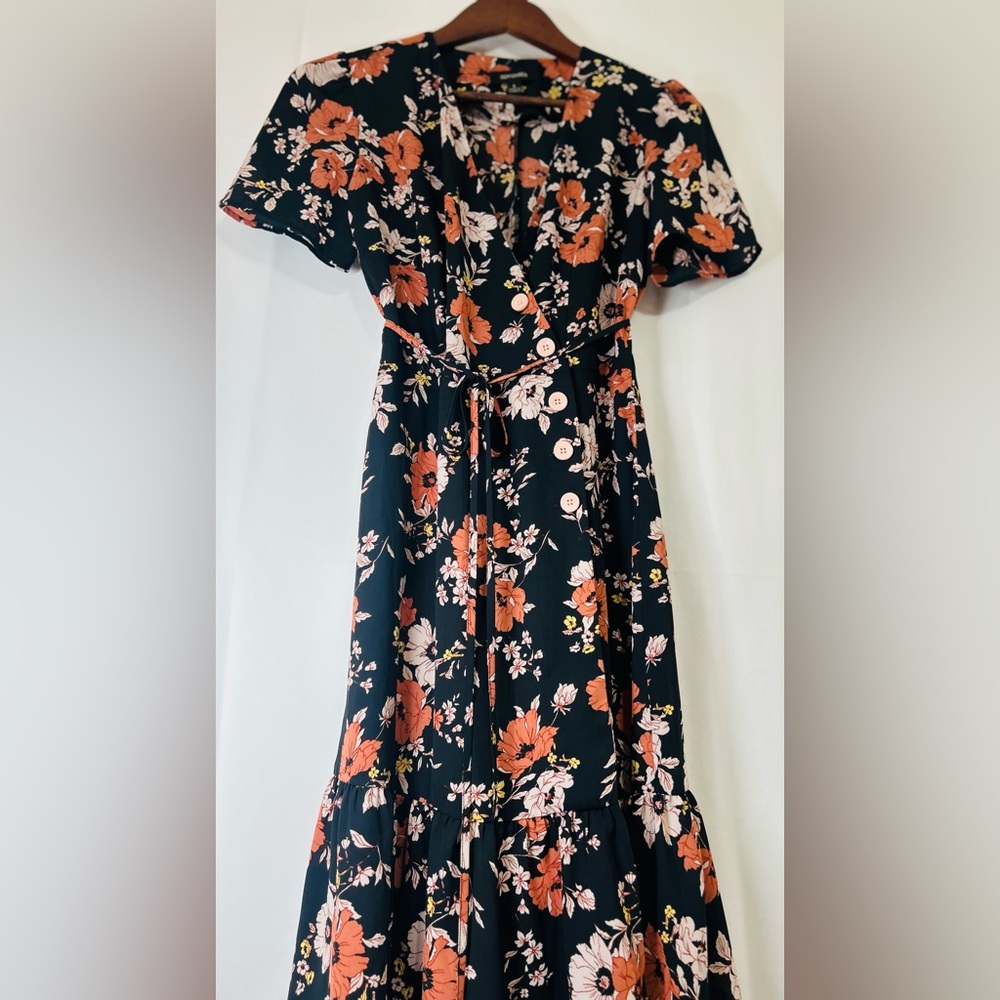 September the shop Vibrant Floral Faux Wrap Dress Lrg Asymmetrical Button Up - Picture 8 of 11
